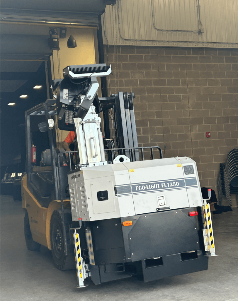 Portable LED light tower Trime portable LED light tower on a towable trailer for jobsite lighting